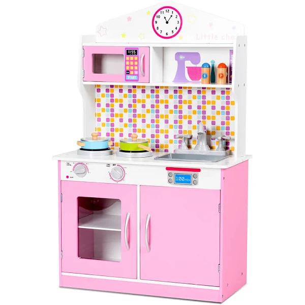 Costway Kids Kitchen Role Play Set Wooden Pretend Cooking Toys Children's Gift w/Cookware Pink