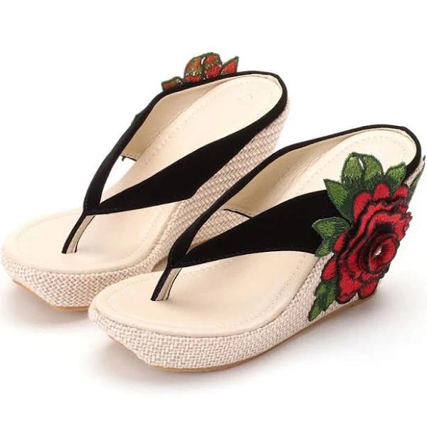 Amoretu Bohemia Flower Wedges Sandals Flip Flops for Women-BlackRed - 41 - AfterPay & zipPay Available