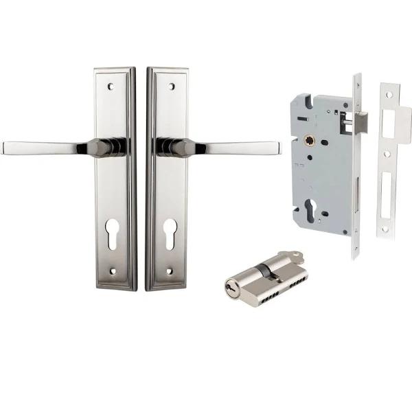 Iver Annecy Door Lever Handle On Stepped Backplate Entrance Kit Key/Key Polished Nickel 14244KENTR60KK