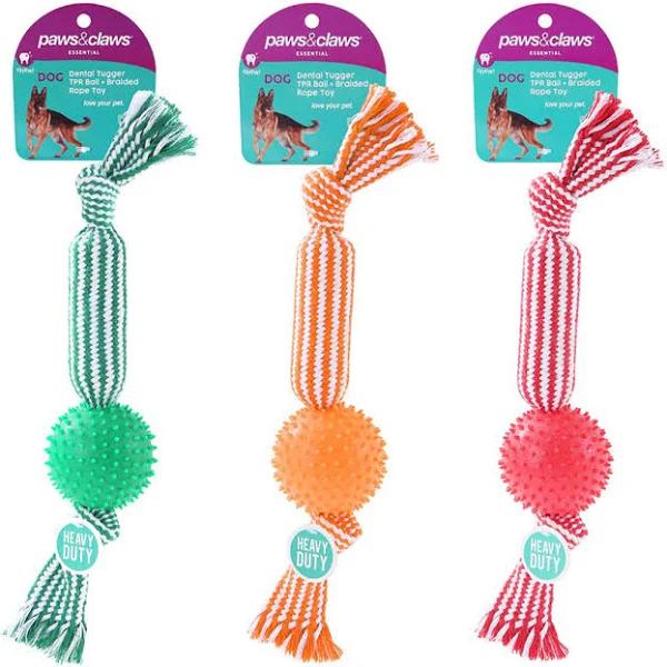 Paws and Claws Dental Tugger Dog/Pet Toy TPR Ball + Braided Rope Assorted 37cm