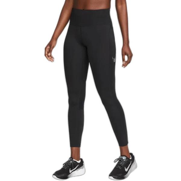 Nike Fast Women's Mid-Rise 7/8 Graphic Leggings with Pockets - 50% Recycled Polyester - Black