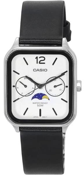 Casio Watches Elegance Collection: Men's Stainless Steel Moon Phase Leather Strap Watch - MSW-2021, Black