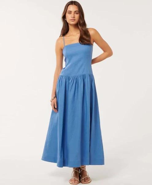 Forever New Brooke Linen Drop Waist Midi Dress in Blue Mist, Size 4 AU