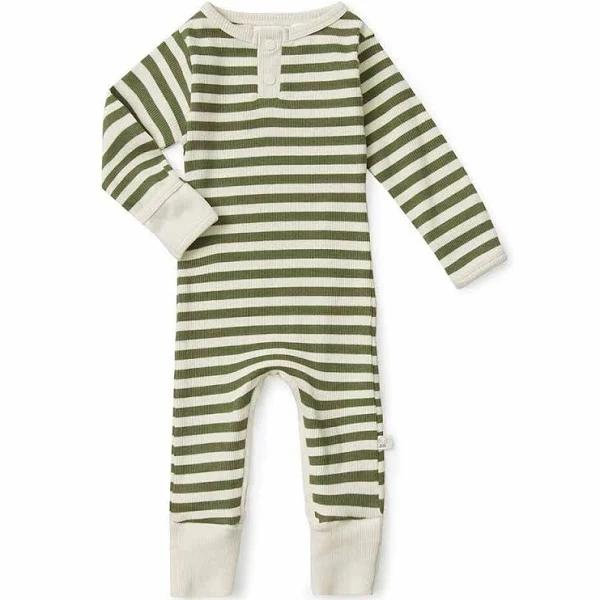 Snuggle Hunny - Olive Stripe Growsuit Newborn, 0000