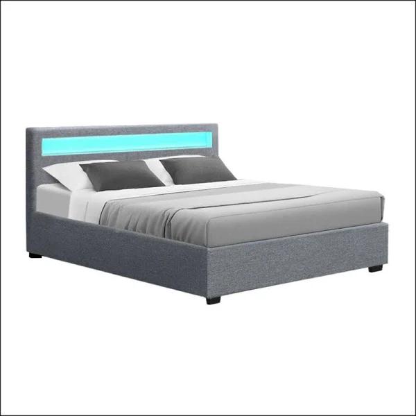 Artiss Cole LED Bed Frame Fabric Gas Lift Storage - Grey Queen