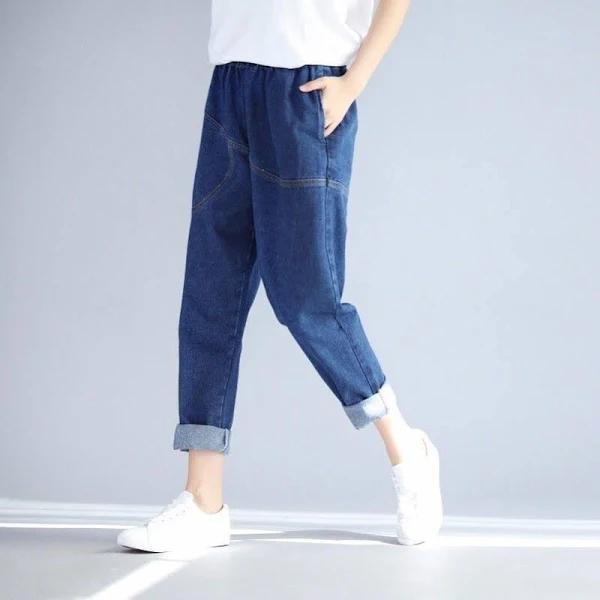 Women Denim Capri Harem Pants Loose Casual Elastic Waist Pegged