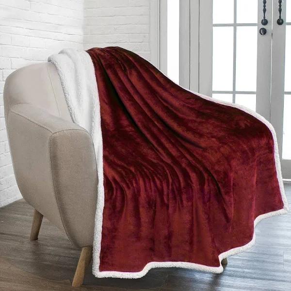 PAVILIA Plush Sherpa Fleece Throw Blanket Burgundy Red | Soft, Warm, Fuzzy Wine Maroon Throw for Couch Sofa | Solid Reversible Cozy Microfiber