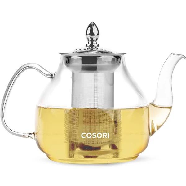 Cosori Glass Teapot Stovetop Safe Gooseneck Kettle with Removable Stainless Steel Infuser Scale Line For Blooming and Loose Leaf Tea Brewer, BPA