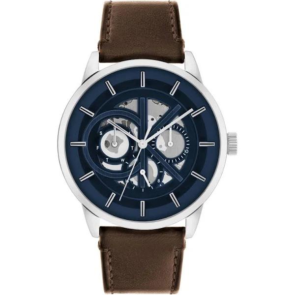 Calvin Klein Brown Leather Blue Dial Multi-function Men's Watch - 25200216