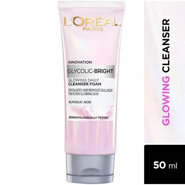 L'Oreal Paris Glycolic Bright Daily Foaming Facial Cleanser, 50ml |Daily Glowing Face Wash for Dull Skin