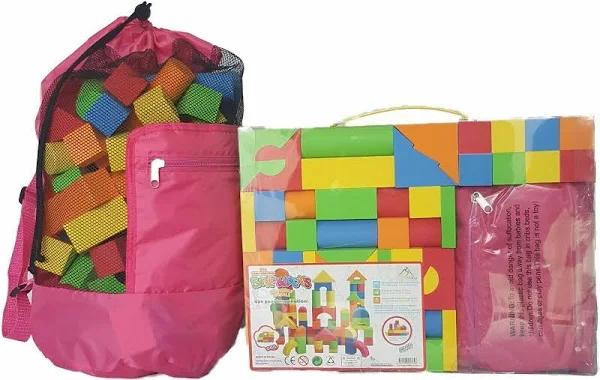 100 Piece Eva Foam Building Blocks For Kids Incl. Pink Carry Bag. Oz