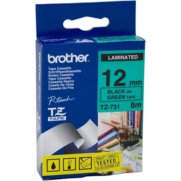 Brother TZe-731 12mm Black On Green Laminated Tape