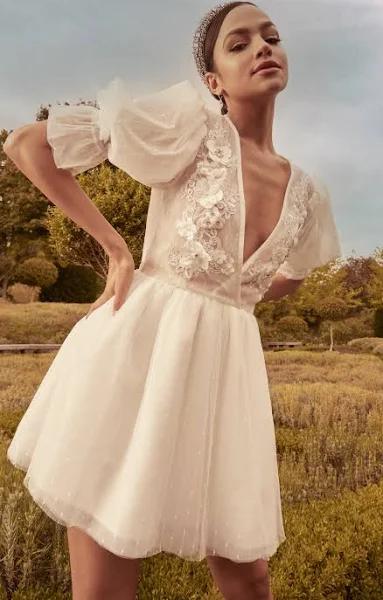 Akshia Mini Dress - Puff Sleeve Floral Detail Plunge Neck Dress in White - Showpo Fit & Flare Dresses - 4 (XXS) | European Summer Outfit