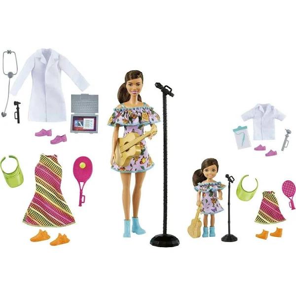 Barbie & Chelsea Careers Playset: 2 Brunette Dolls and Doctor, Tennis Star & Musician Pieces