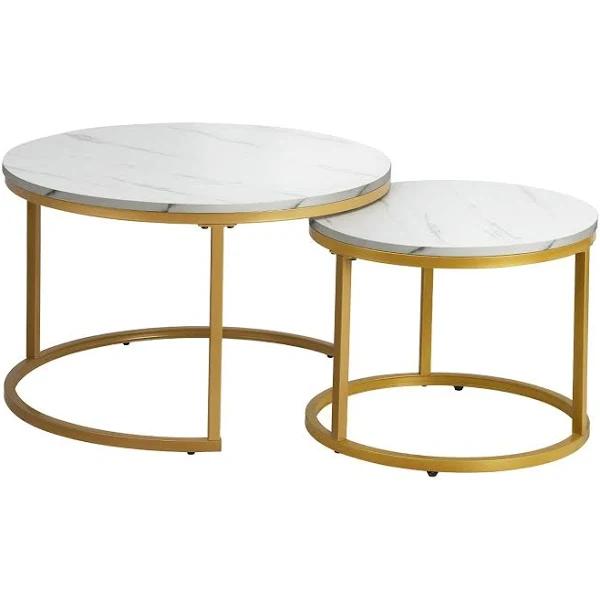 Oikiture Set of 2 Coffee Table Round Marble Nesting White & Glod