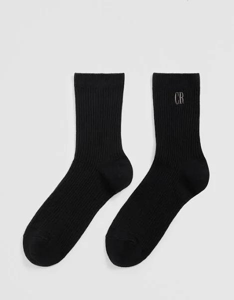 Country Road Women's Australian Cotton Blend CR Ribbed Three Quarter Crew Sock, Black, Cotton/Polyester/Nylon