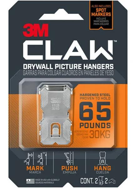 3M Claw Drywall Picture Hangers, 65 lb, Pack of 2 Hangers