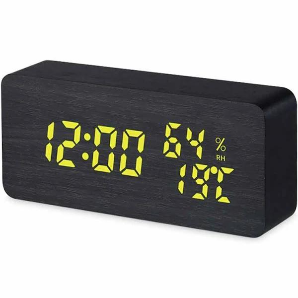 TODO LED Digital Alarm Clock Woodgrain Temperature Humidity USB Power - Black