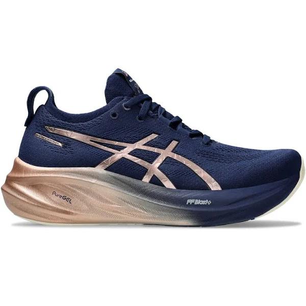 ASICS Gel Nimbus 26 Platinum Womens Running Shoes Blue/Gold US 7