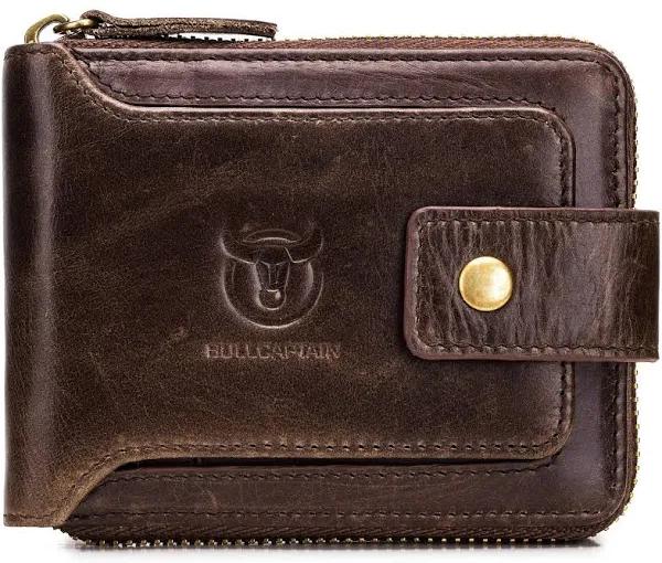 BULLCAPTAIN Mens Genuine Leather Zipper Wallet RFID Blocking Bifold Zip Around Multi Credit Card Holder, Brown, M, RFID Wallet