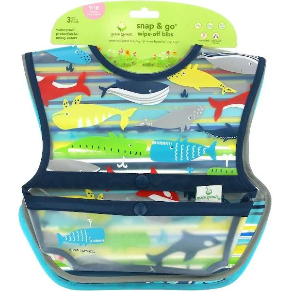 Green Sprouts Snap + Go Wipe-Off Bibs (3 Pack) Blue Whales