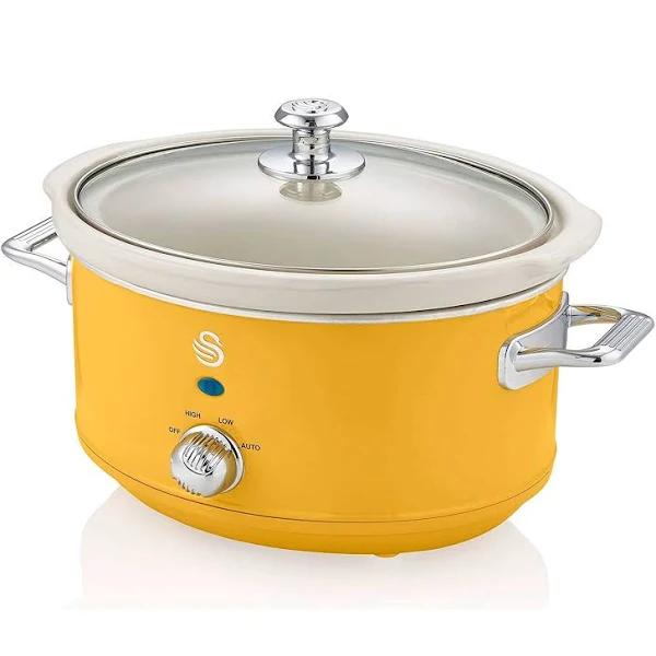 Swan Retro SF17021YELNEU Slow Cooker 3.5L Removable Cooking Container, PFOA and PTFE Free Ceramic Non-stick Container, 3 Temperature Levels, Glass