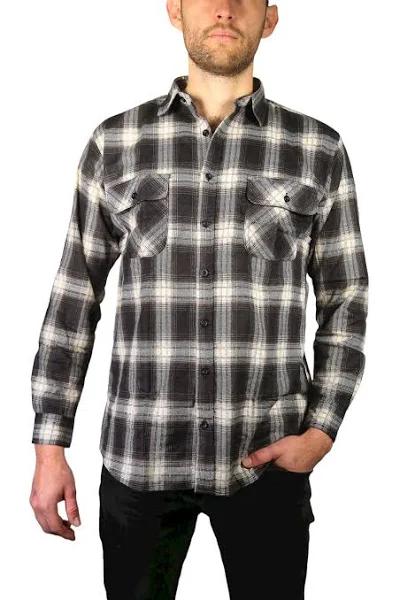 BR Mens Flannelette Long Sleeve Shirt 100% Cotton Check Authentic Flannel - Full Placket - Black - 9XL