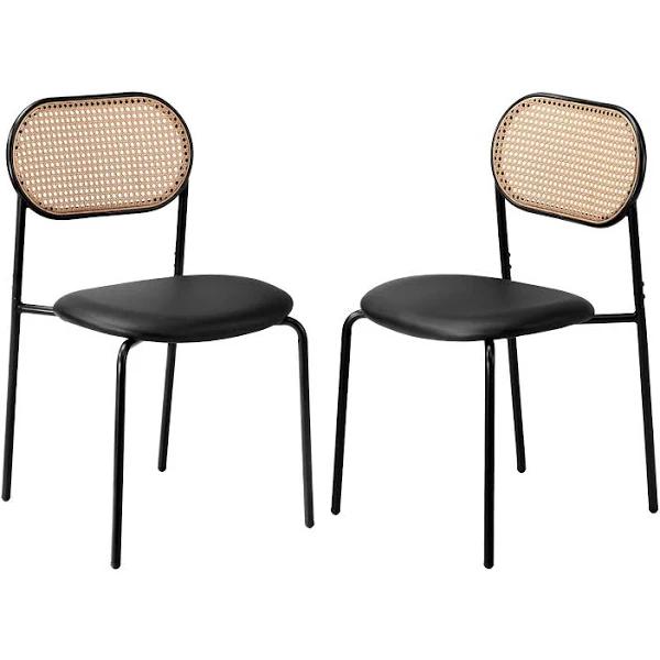 Oikiture 2pcs Dining Chair Rattan Chairs PU Leather Black