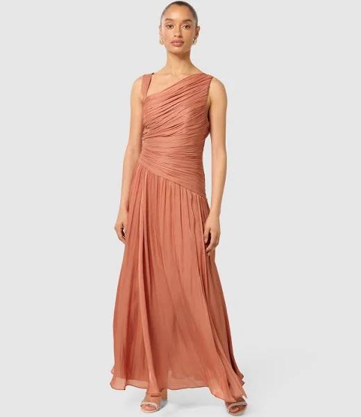 Forever New Petite Nya Metallic Asymmetrical Maxi Dress in Orange 10