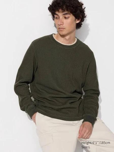 Uniqlo Waffle Crew Neck Long Sleeve T-Shirt - Dark Green Size M