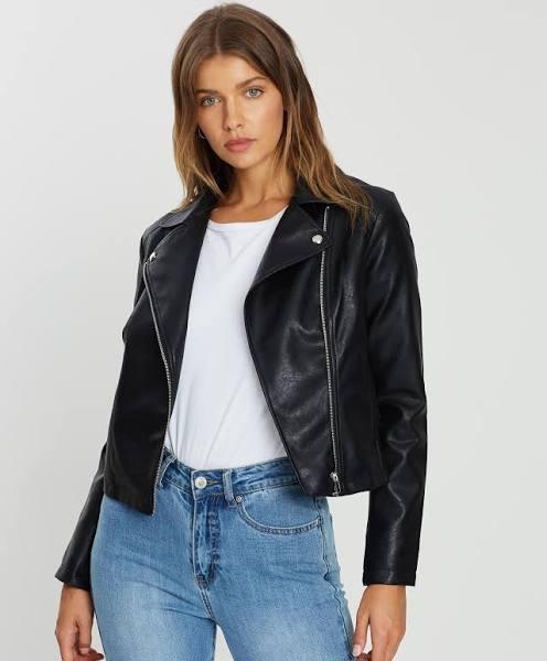 Atmos&Here - Women's Black Leather Jackets - Harper PU Biker Jacket - Size 8 at The Iconic