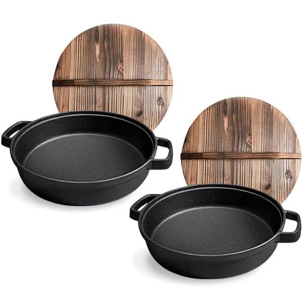 SOGA 2x 33cm Round Cast Iron Pre-Seasoned Deep Baking Pizza Frying Pan Skillet with Wooden Lid