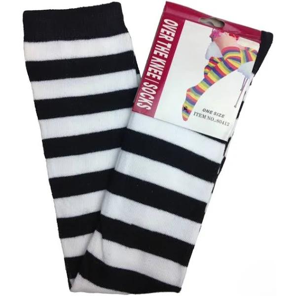 Over The Knee Socks Plain Striped High Thigh Ladies Long Womens Stripey Stocking - Black/White Size Large - AfterPay & zipPay Available