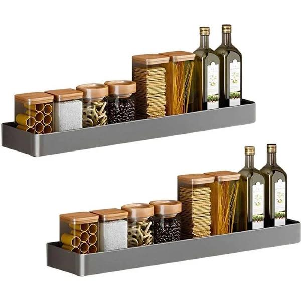 SOGA 2x 42cm Black Wall-mounted Rectangular Kitchen Spice Storage Organiser Space Saving Condiments Shelf Rack