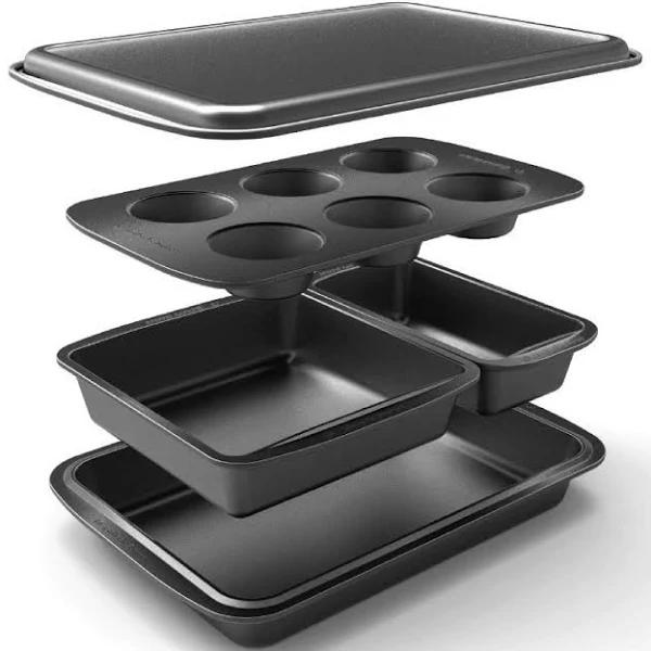 Baker's Secret Stackable Baking Set of 5 Bakeware Pans, Bakeware Set, Baking Pan Set Includes Muffin Pan, Roaster Pan, Square Pan, Cookie Sheet,