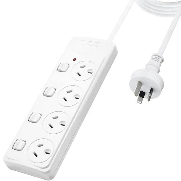 Power Board Surge Protection with Indicator White 10A 240V 1m 4 Individually Switched Outlet SAA