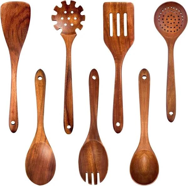 Wooden Spoons for Cooking 7pcs Natural Teak Utensils Non Stick Spatula Set Comfortable Grip Wood Kitchen