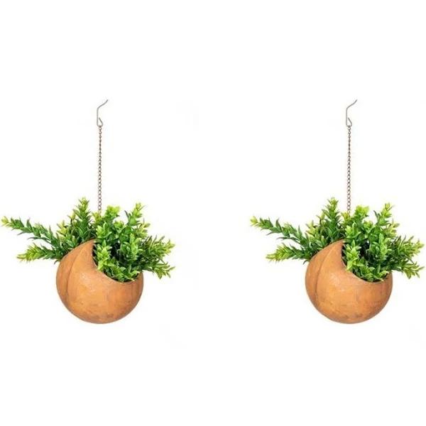 2x Hanging 13.5cm Ball W Hook Metal Rust Garden Ornament Planter Decor Small