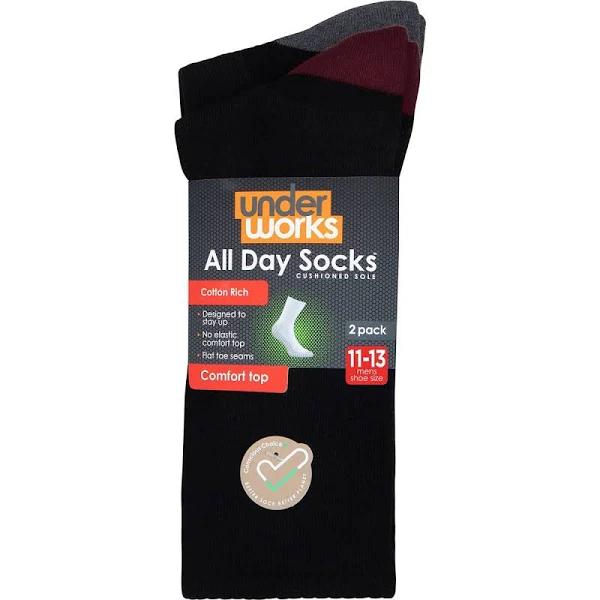 Underworks Mens All Day Cushion Foot Sock Black Size 11-13 Assorted 2 Pack