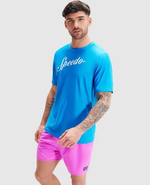 Speedo Printed Short Sleeve Swim Tee in Blue S