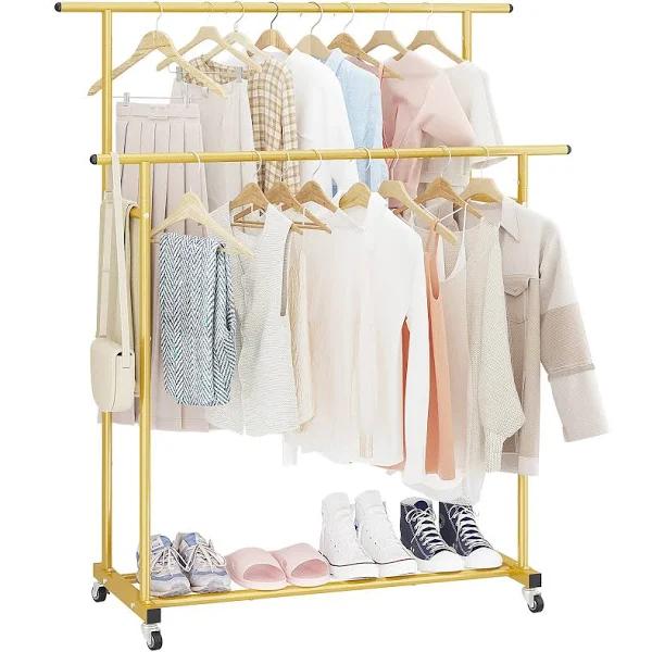 Calmootey Double Rod Clothing Garment Rack,Rolling Hanging Clothes Rack,Portable Clothes Organizer for Bedroom,Living Room,Clothing Store,Gold