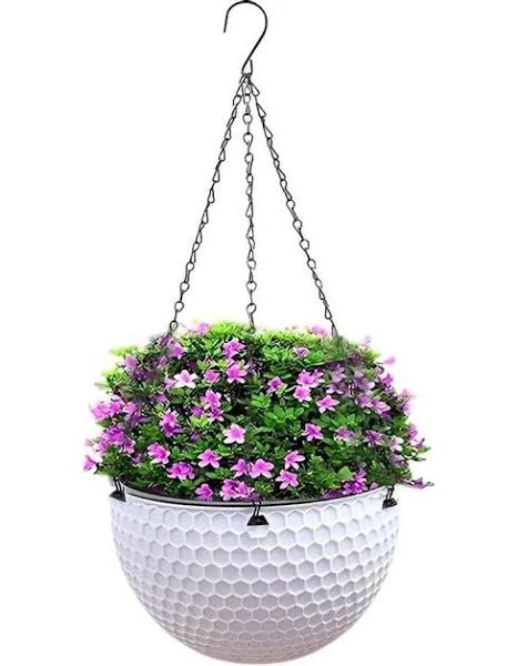 SOGA White Medium Hanging Resin Flower Pot Self Watering Basket Planter Outdoor Garden Decor