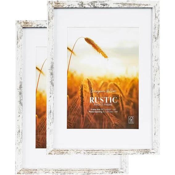 Cooper & Co. Set of 2 29.7cmx42 Matt to 21x29.7cm White Premium Rustic Wooden Photo Frame - AfterPay & zipPay Available