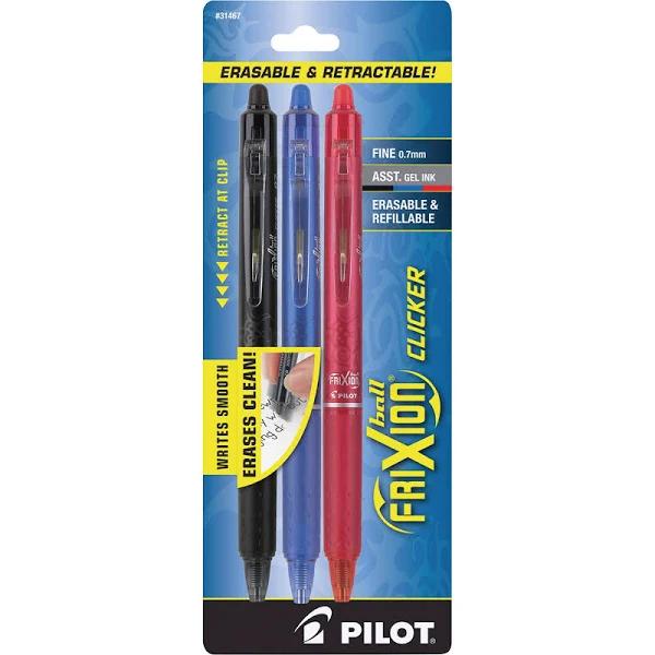 Pilot Frixion Clicker Erasable Gel Ink Retractable Pen, Assorted Ink, .7mm, 3/Pack