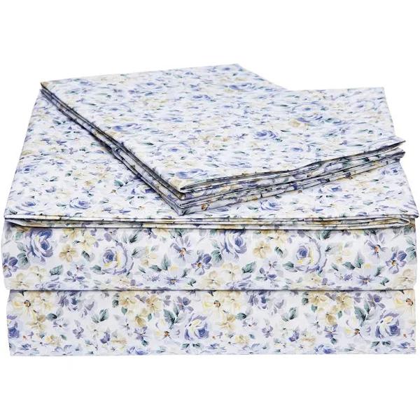 Amazon Basics Lightweight Super Soft Easy Care Microfiber Bed Sheet Set with 36-cm Deep Pockets - Queen, Blue Floral