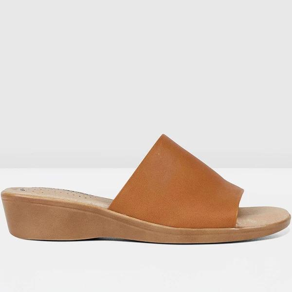 Womens Hush Puppies Coco Slip On Leather Tan Wedges Sandals