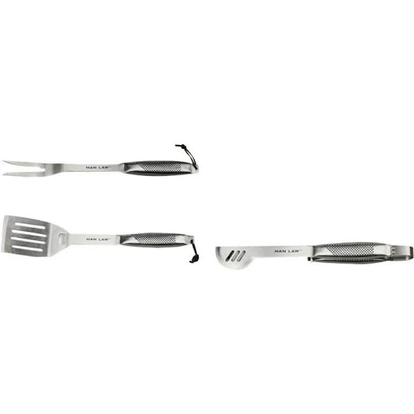 Man Law 3-Piece Stainless Steel BBQ Tool Set, Silver