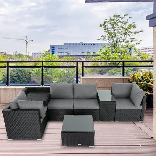 7pc Outdoor Wicker Loveseat Setting With Storage Corner (Black)