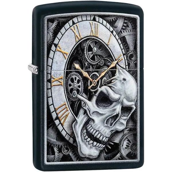 Zippo Black Matte Clock Skull Lighter