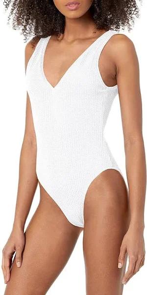 Seafolly Deep V Neck One Piece , White, Size 14 92% Nylon / 8% Elastane